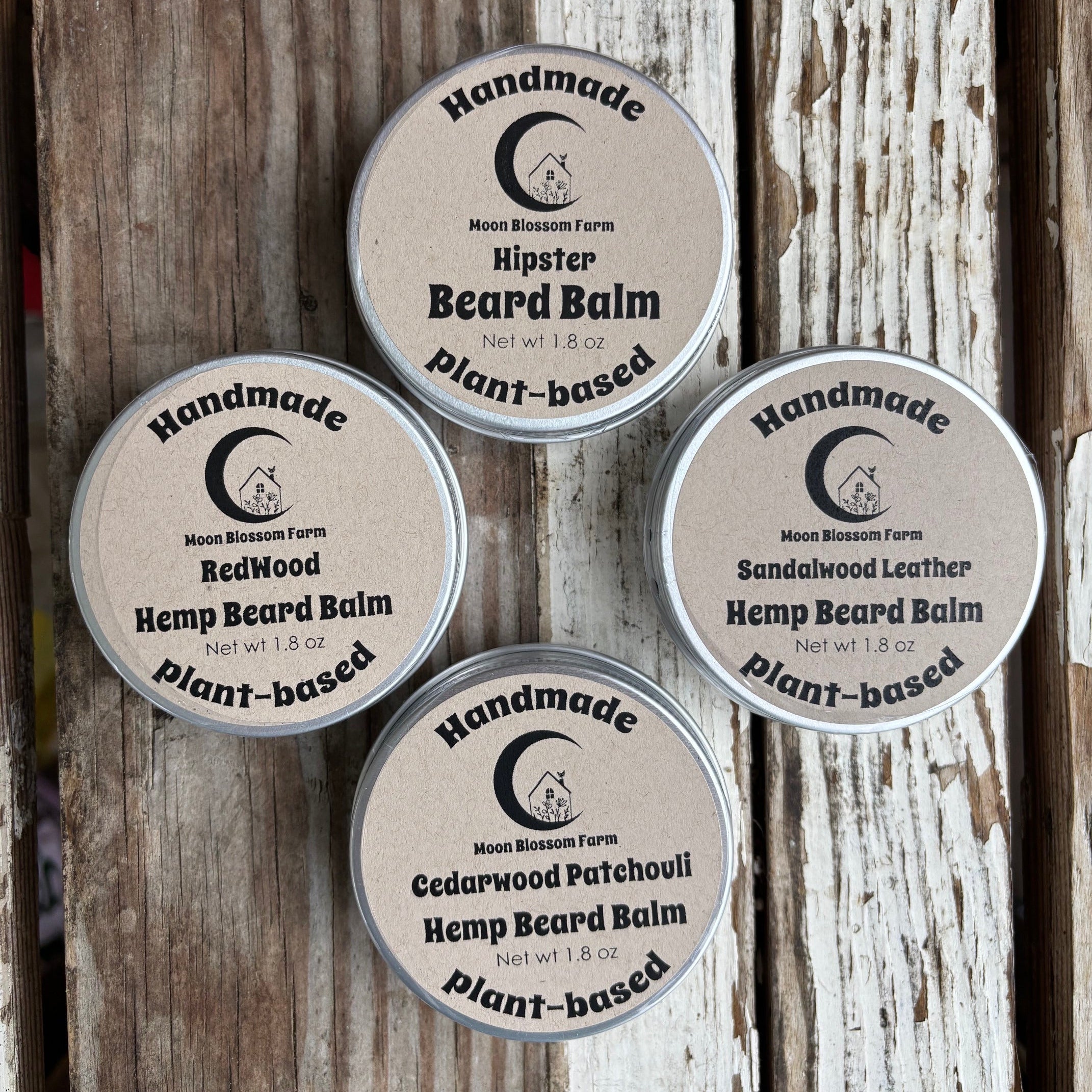 Tin of beard balm on a wooden background